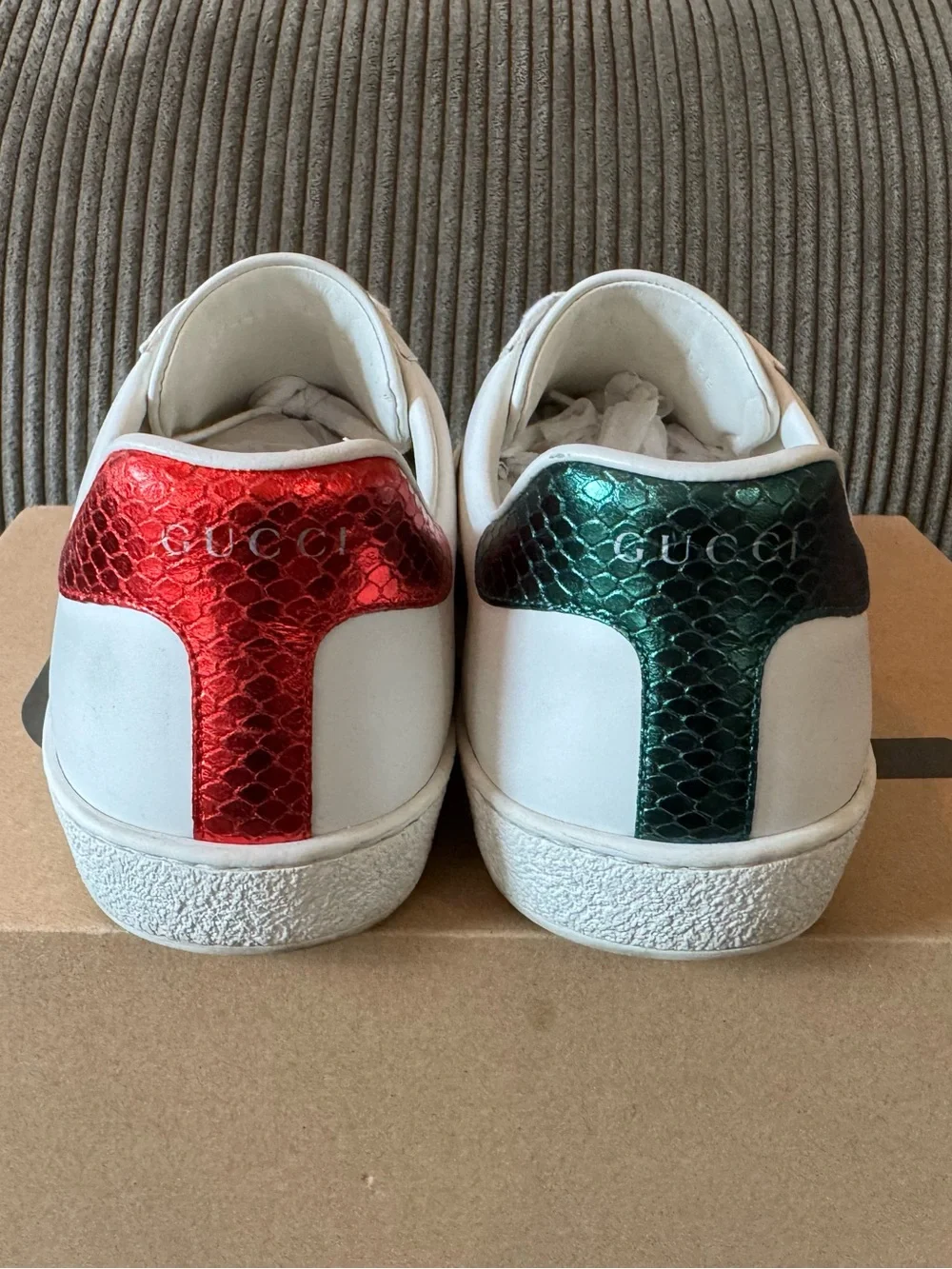 Gucci White Leather Sneakers with Green and Red Stripe and Gold Bee